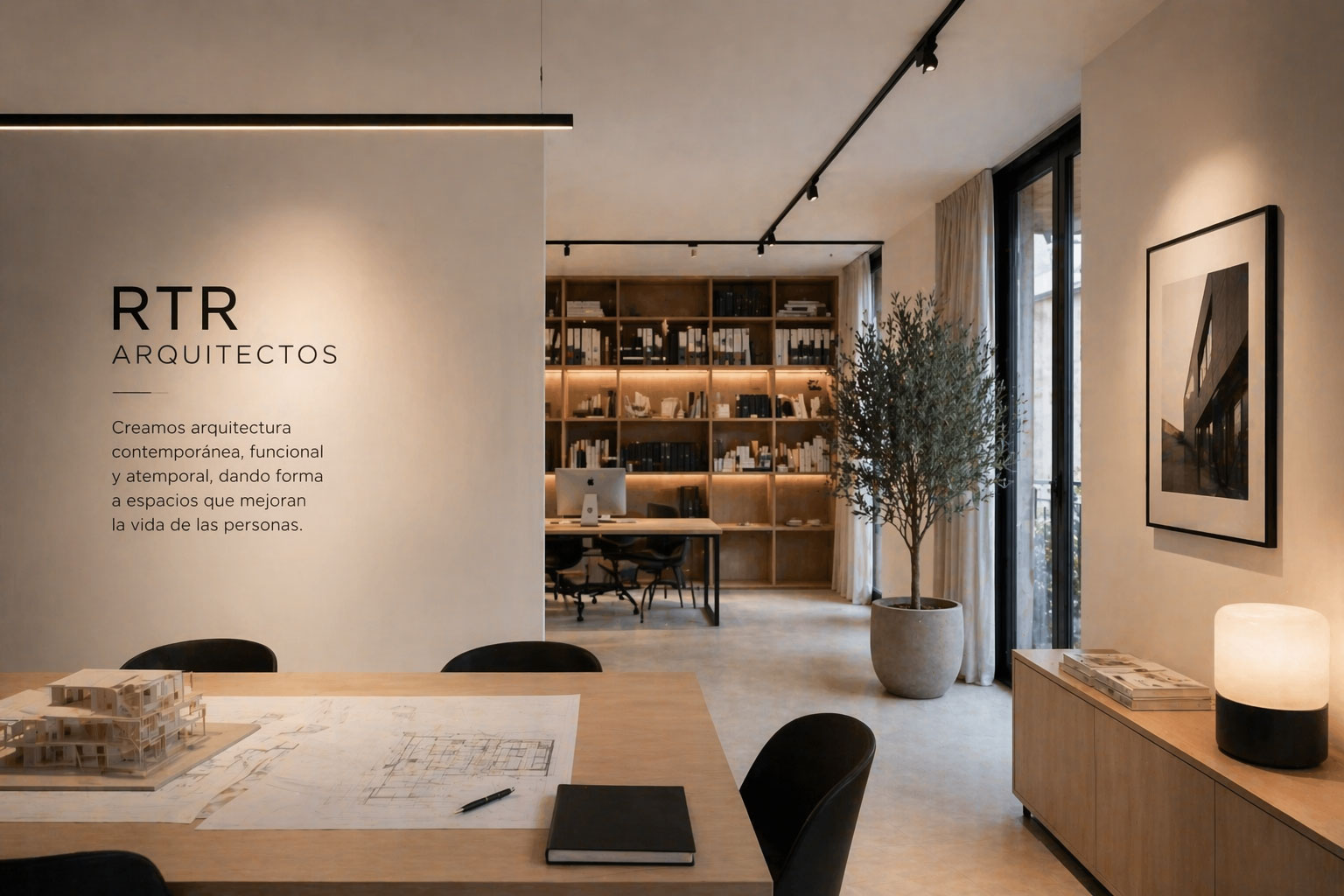 Estudio de arquitectura moderno con espacio de trabajo minimalista y diseño interior cálido
