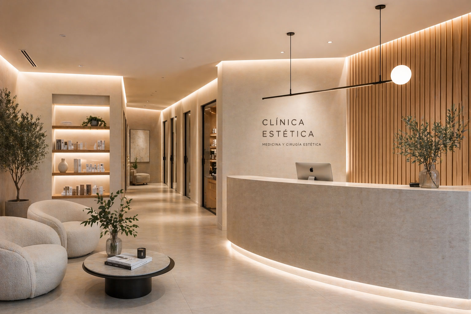 Diseño interior de clínica estética moderna en Madrid con recepción minimalista y ambiente cálido