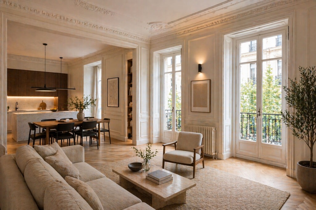 Reforma integral de vivienda en Chamberí Madrid con salón luminoso y cocina abierta de estilo moderno
